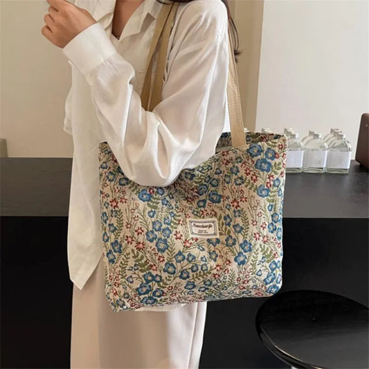 Embroidered Floral Canvas Tote Bag