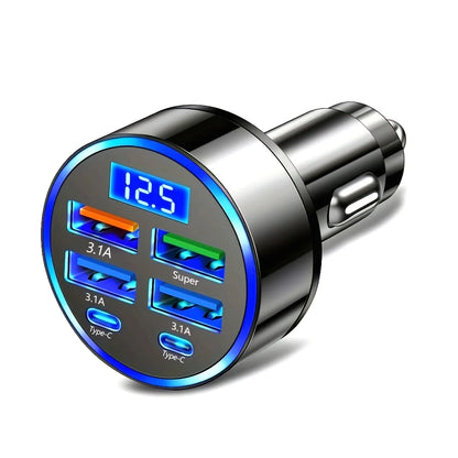 6-in-1 Fast Charging Car Charger with Digital Display