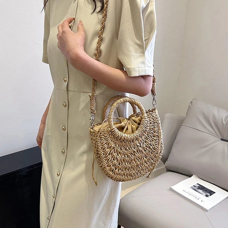 Handwoven Straw Rattan Crossbody Beach Bag