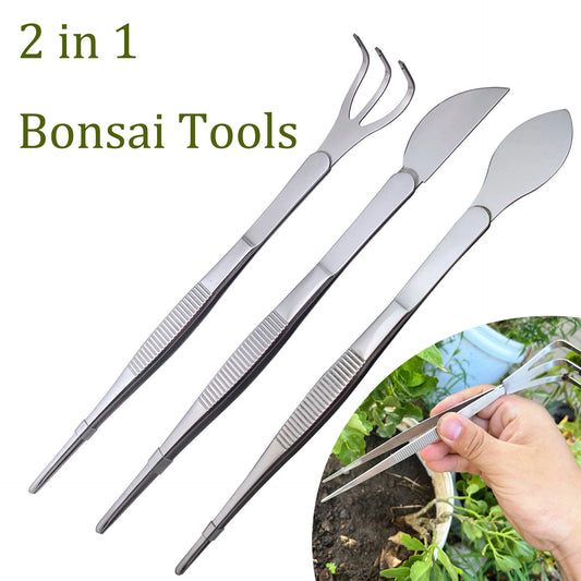 2-in 1 Stainless Steel Root Rake with Bonsai Tweezers with Ergonomical Handle
