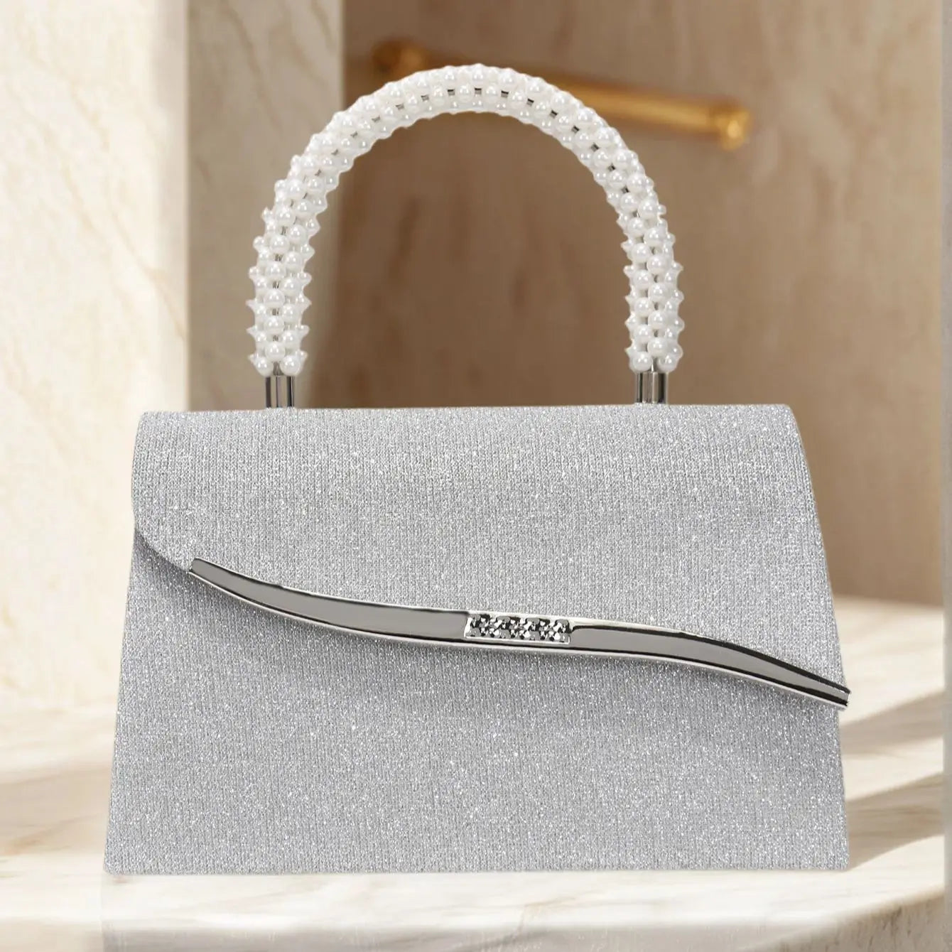 Metal Pearl Glitter Evening Clutch Bag