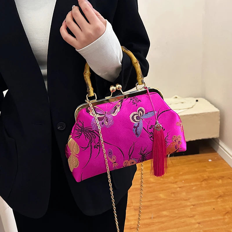 Luxury Embroidered Evening Handbag with Bamboo Handle