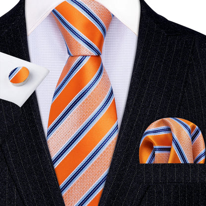 Barry Wang Jacquard Striped Silk Men's Tie Pocket Square Cufflinks Set