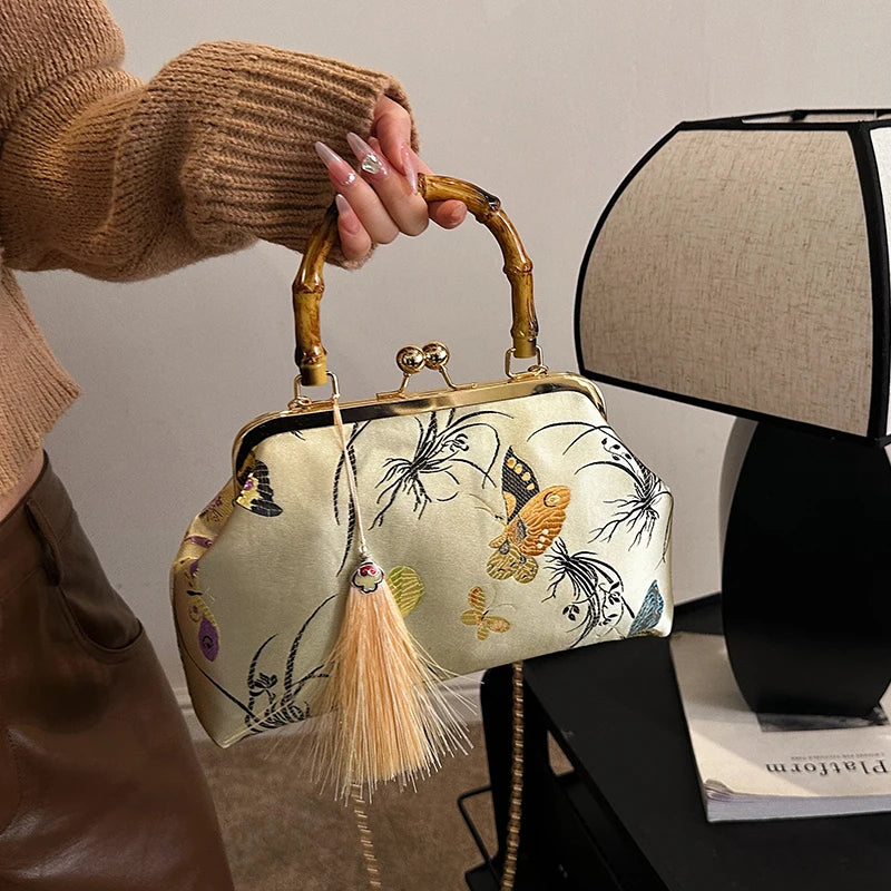 Luxury Embroidered Evening Handbag with Bamboo Handle