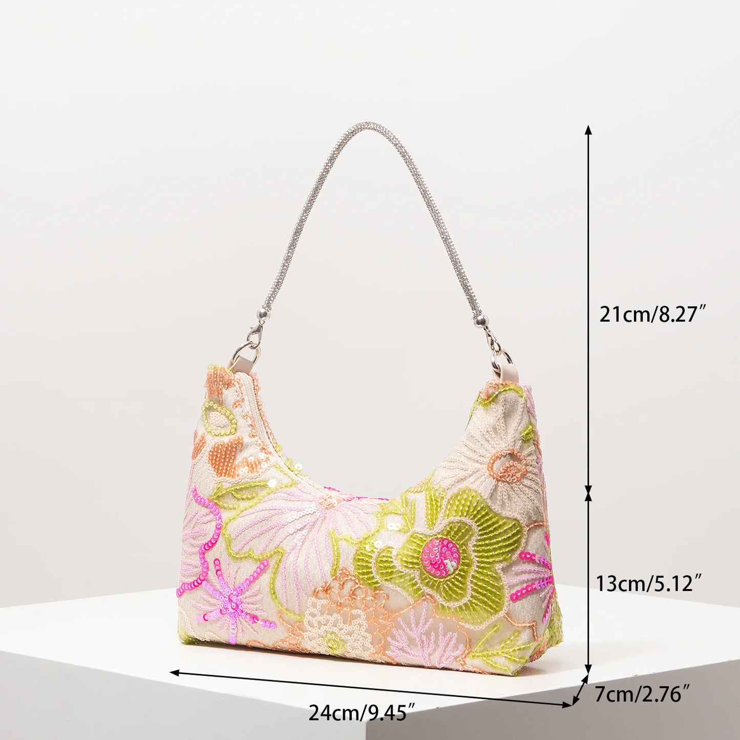 Floral Embroidered Sequin Shoulder Bag