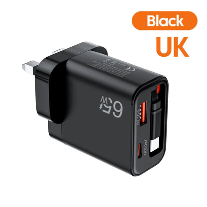 65W USB-C Fast Charger with Retractable Cable