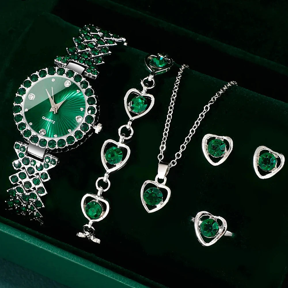 Women’s Heart Rhinestone Watch Jewelry Set