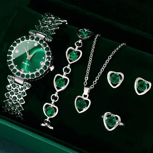 Women’s Heart Rhinestone Watch Jewelry Set