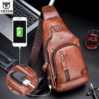 100% Cowhide Leather Casual Crossbody USB Charging Chest Bag