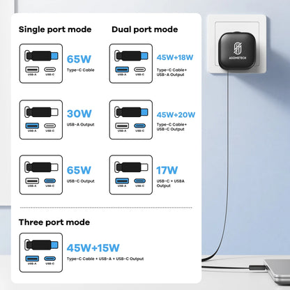 65W GaN USB Charger with Retractable Type-C Cable