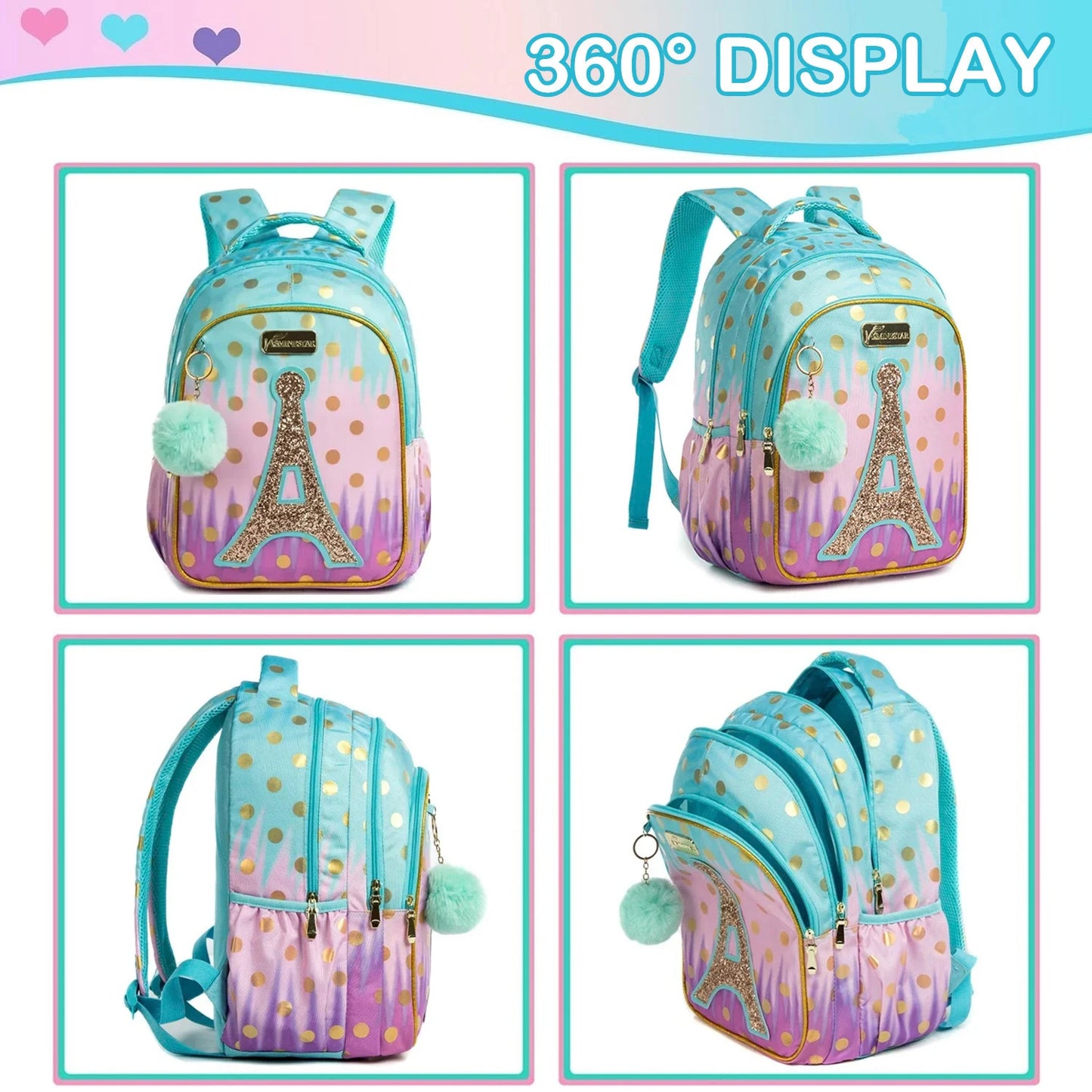 Girls 3-Piece School Backpack Set with Lunch Bag & Pencil Case