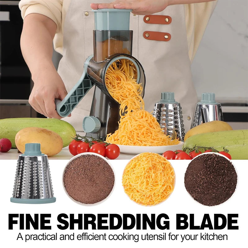 3-in-1 Rotary Cheese Grater & Vegetable Slicer with Stainless Steel Blades