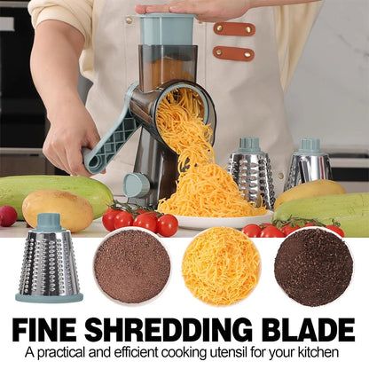 3-in-1 Rotary Cheese Grater & Vegetable Slicer with Stainless Steel Blades
