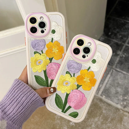 Embroidery Tulip Flowers Phone Mobile Phone Case For iPhone 14 13 12 11 Pro Max 15 Pro