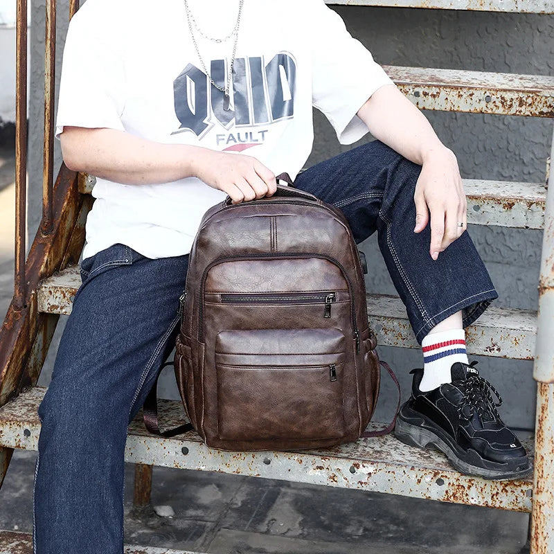 USB Charging PU Leather Laptop Backpack
