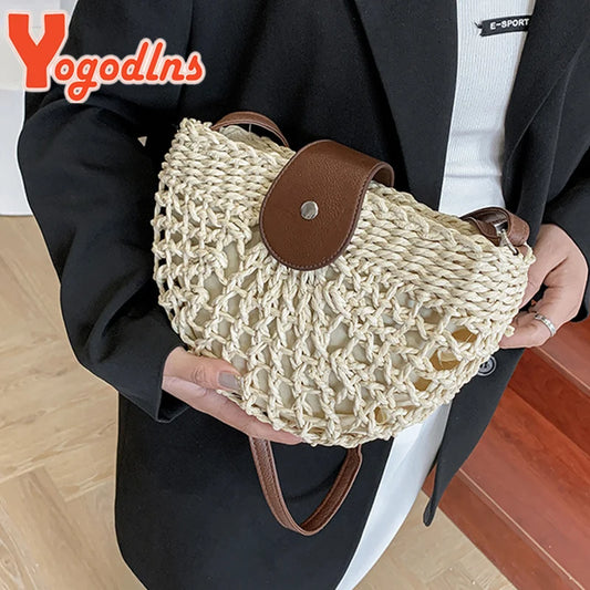 Handmade Half Moon Straw Crossbody Bag
