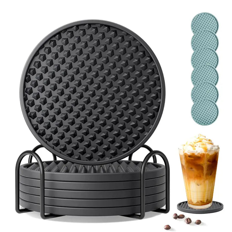 Set of 6 Silicone Drink Coasters with Holder