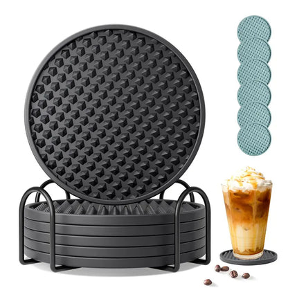 Set of 6 Silicone Drink Coasters with Holder