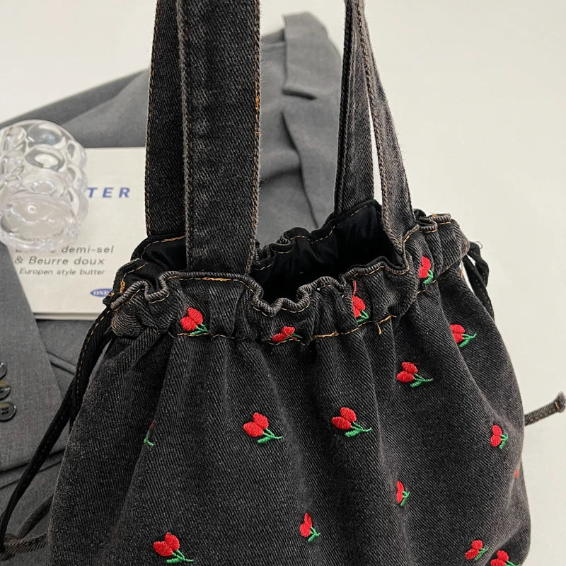 Embroidered Denim Drawstring Shoulder Tote Bag