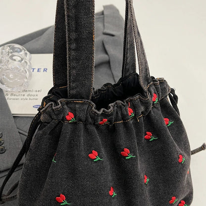 Embroidered Denim Drawstring Shoulder Tote Bag