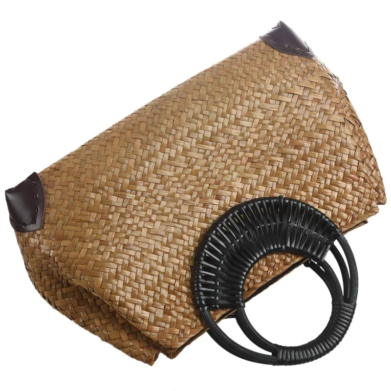 Woven Straw-Style Bamboo Handle Bag