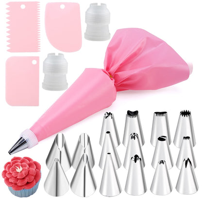 6-24 Pcs Set Pastry Bag and Stainless Steel Cake Nozzle