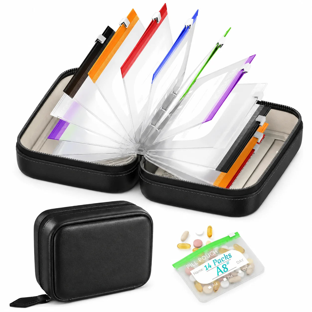 Travel Pill Organiser with 14 Reusable Pouches