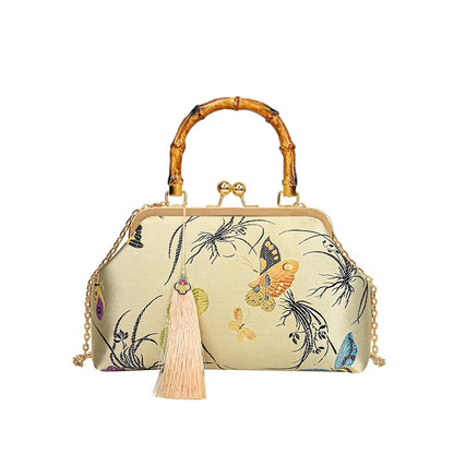 Luxury Embroidered Evening Handbag with Bamboo Handle