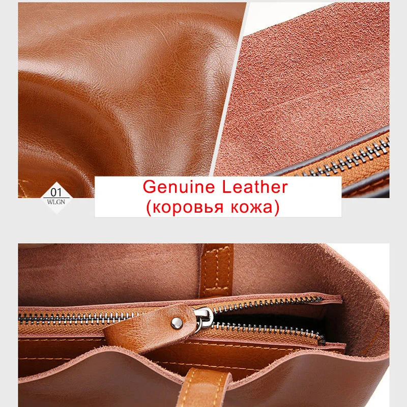 SMILEY SUNSHINE Large Genuine Cowhide Leather Tote Bag