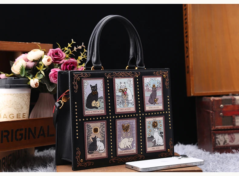 Vintage Cat Print Leather Tote Bag