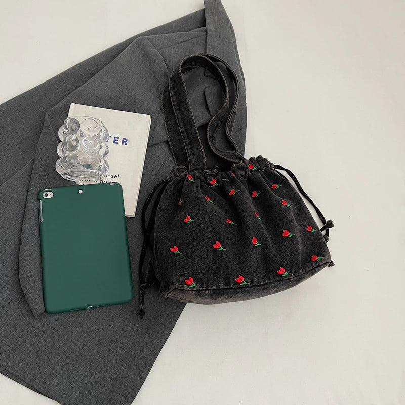 Embroidered Denim Drawstring Shoulder Tote Bag
