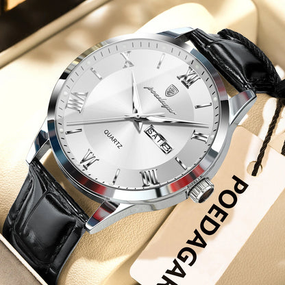 Men's Leather Quartz Watch with Date & Week Display
