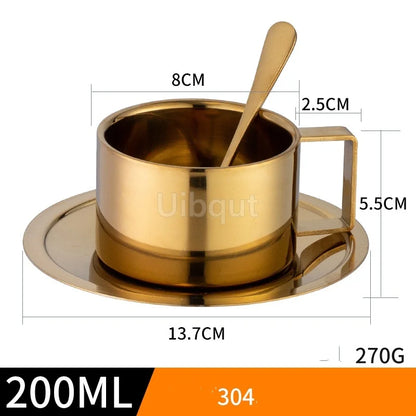 Double Wall Stainless Steel Coffee Cup Set with Spoon & Saucer