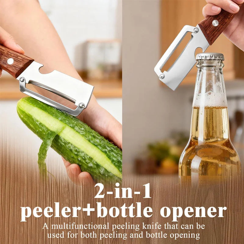 3-in-1 Stainless Steel Vegetable & Fruit Peeler with Oak Handle