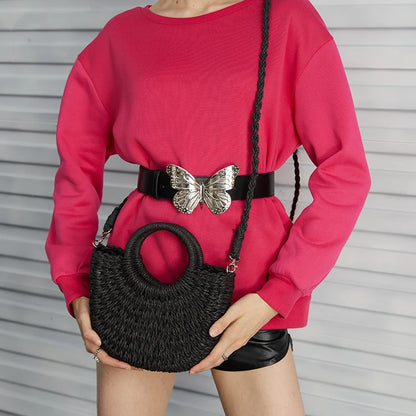 Half-Round Woven Straw Beach Tote Bag