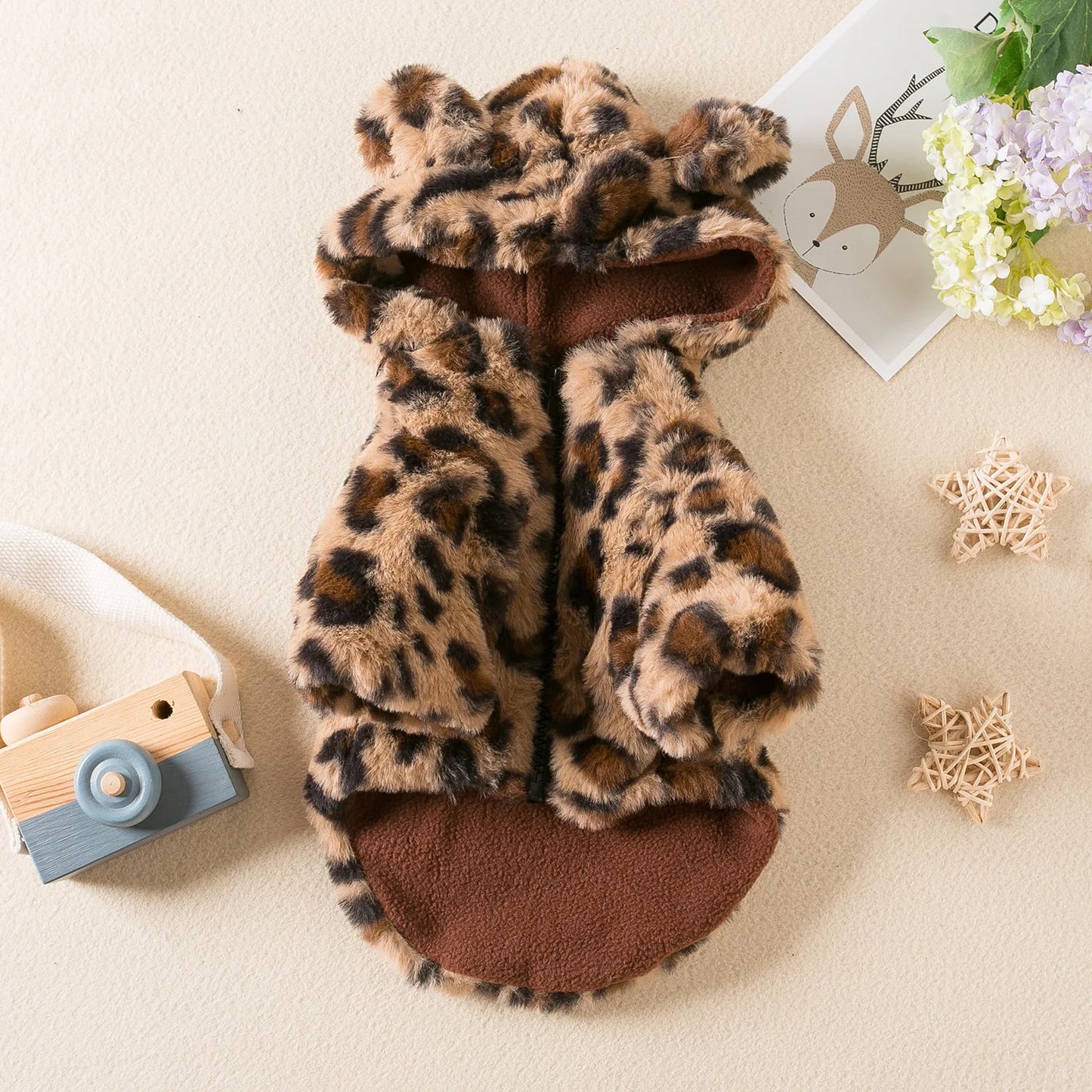 Leopard Fleece Dog Coat – Warm Hooded Pet Jacket
