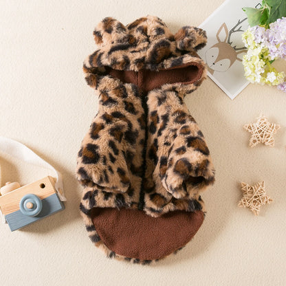 Leopard Fleece Dog Coat – Warm Hooded Pet Jacket