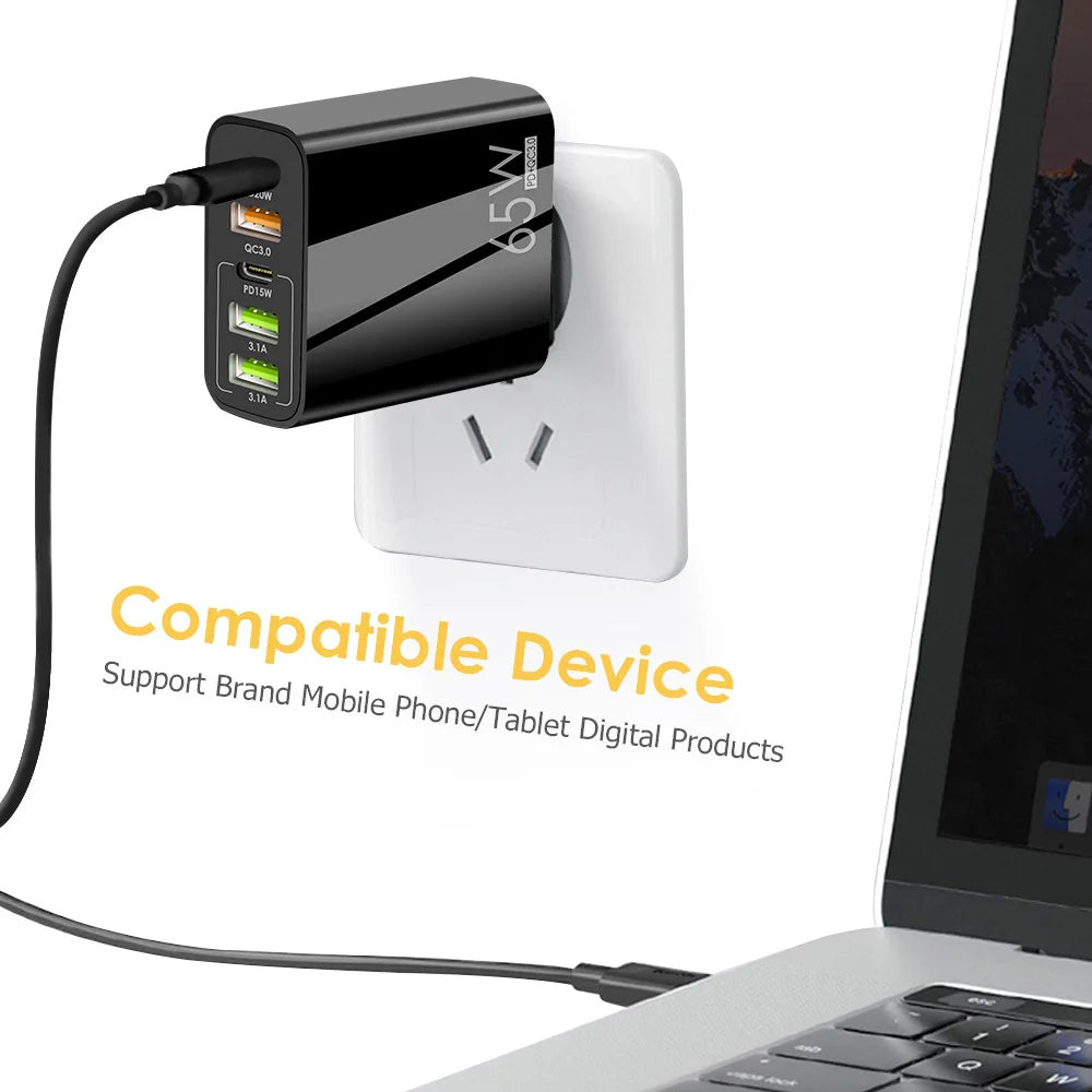 65W 5-Port USB & USB-C Fast Wall Charger