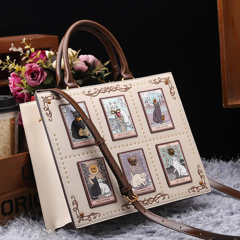 Vintage Cat Print Leather Tote Bag