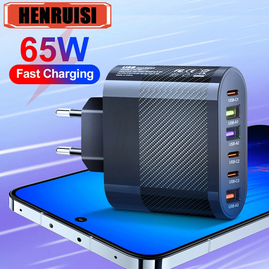 Fast Charging 65W Type C PD QC3.0 Phone Adapter For iPhone Xiaomi Huawei Samsung
