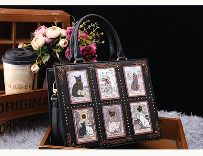 Vintage Cat Print Leather Tote Bag