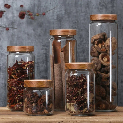 Japanese Style Glass Storage Jar with Wooden Lid