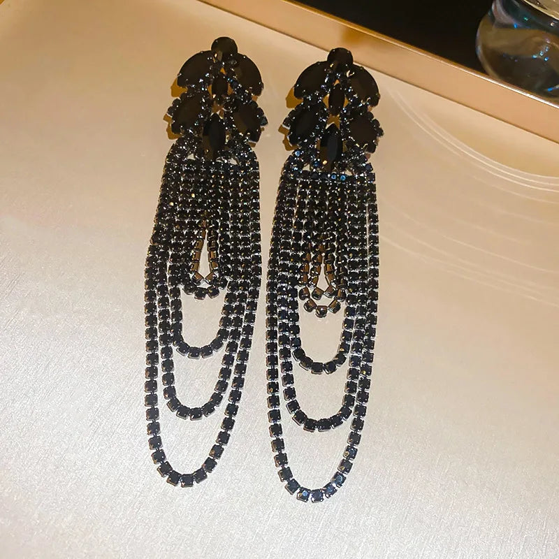 Geometric Crystal Long Tassel Earrings
