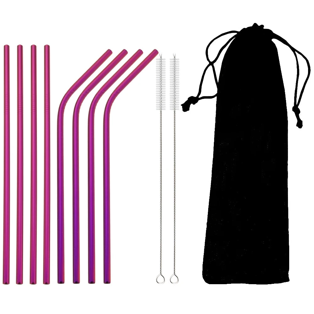 Reusable 304 Stainless Steel Metal Drinking Straws Set with Cleaning Brush