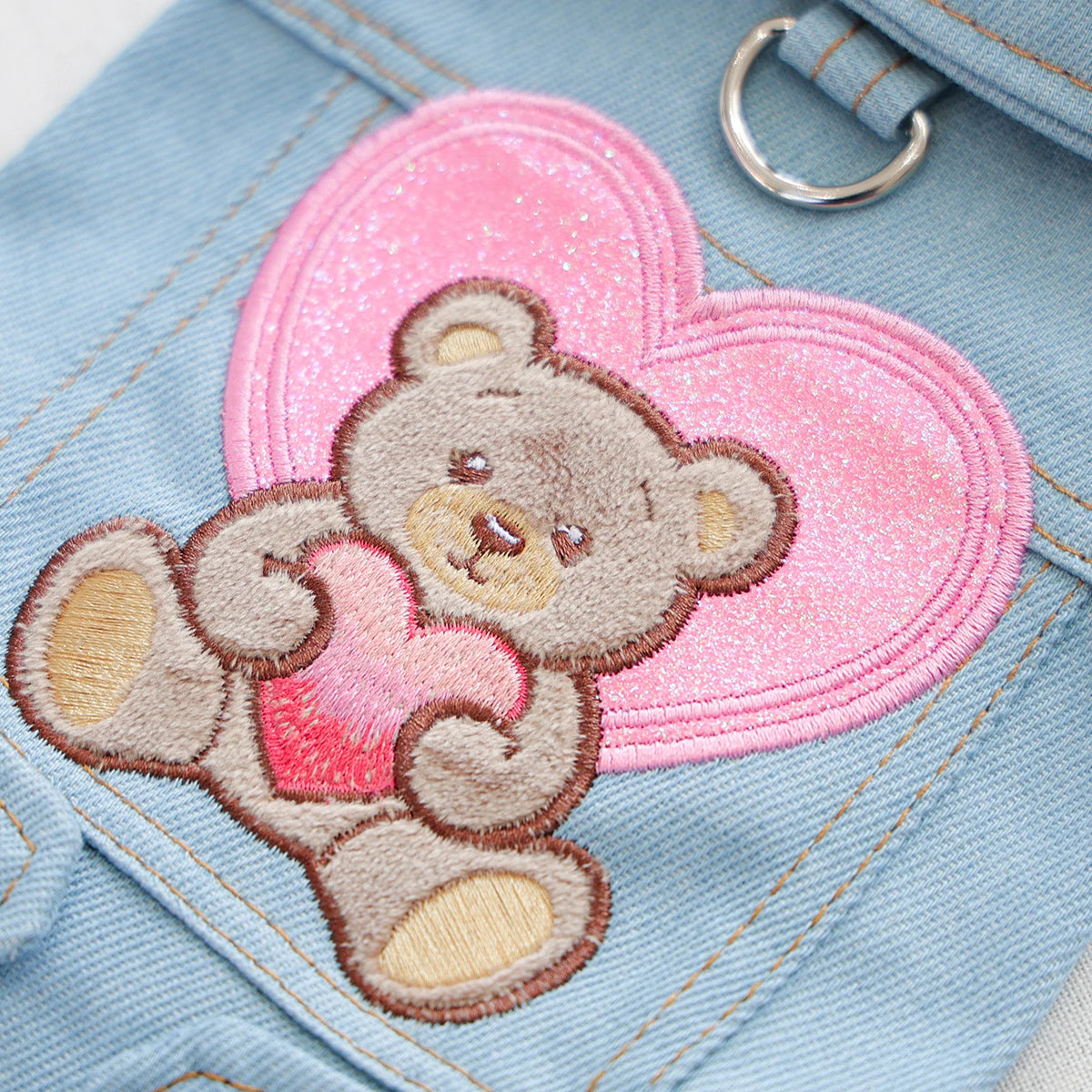 Heart Hug Bear Denim Dog Vest with D-Ring