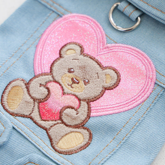 Heart Hug Bear Denim Dog Vest with D-Ring