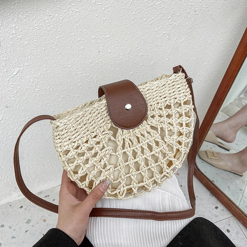 Handmade Half Moon Straw Crossbody Bag