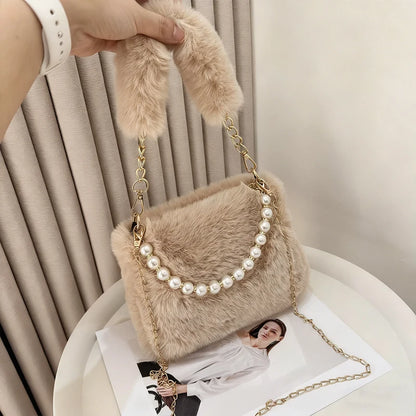 Pearl Chain Plush Shoulder Bag