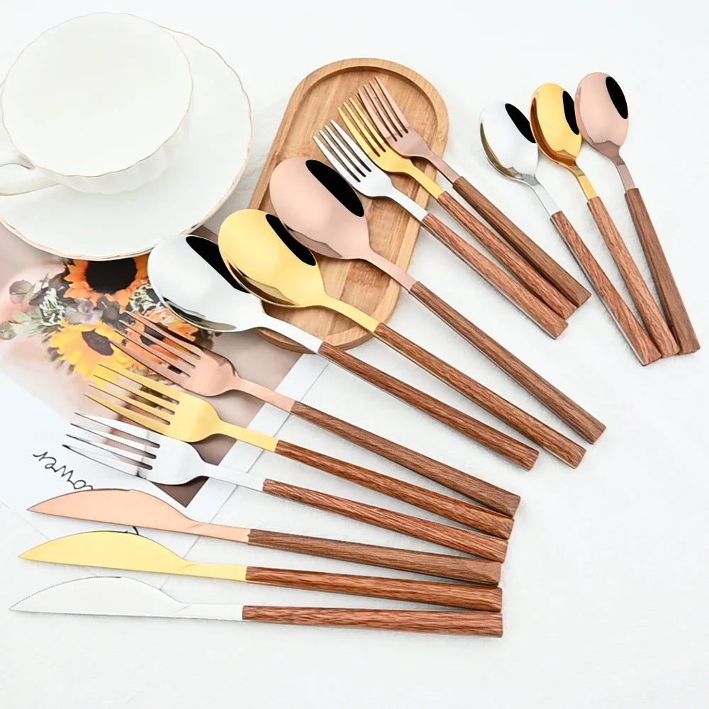 Stainless Steel Cutlery Set with Wood-Effect Handles