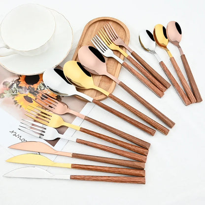 Stainless Steel Cutlery Set with Wood-Effect Handles